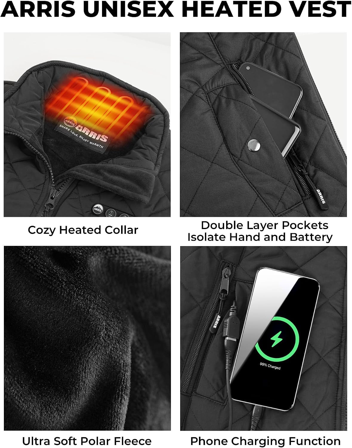 Women's Adjustable Heated Vest – Rechargeable Heated Vest with 7.4V Battery Pack