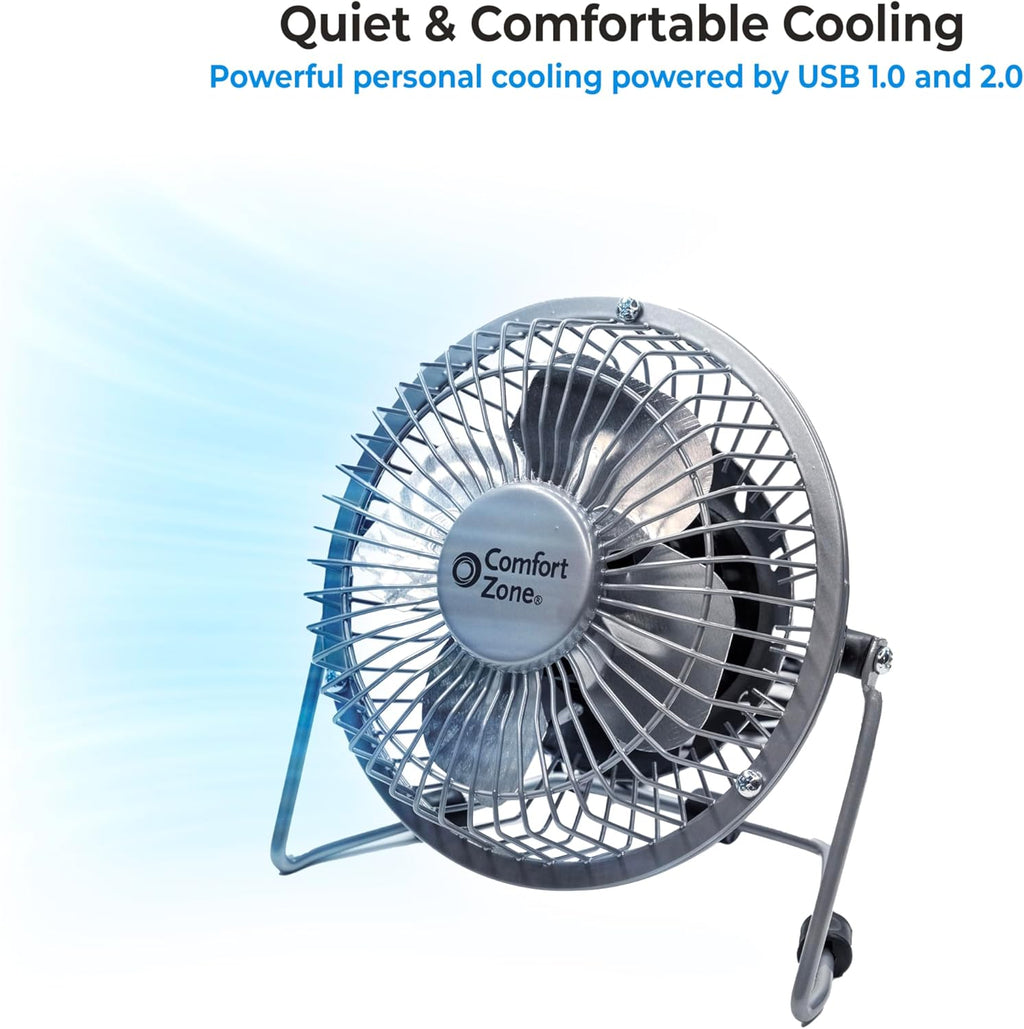 4-Inch All-Metal Mini Desk Fan – High Velocity USB Portable Table Fan with 120V Wall Adapter, 360° Adjustable Tilt