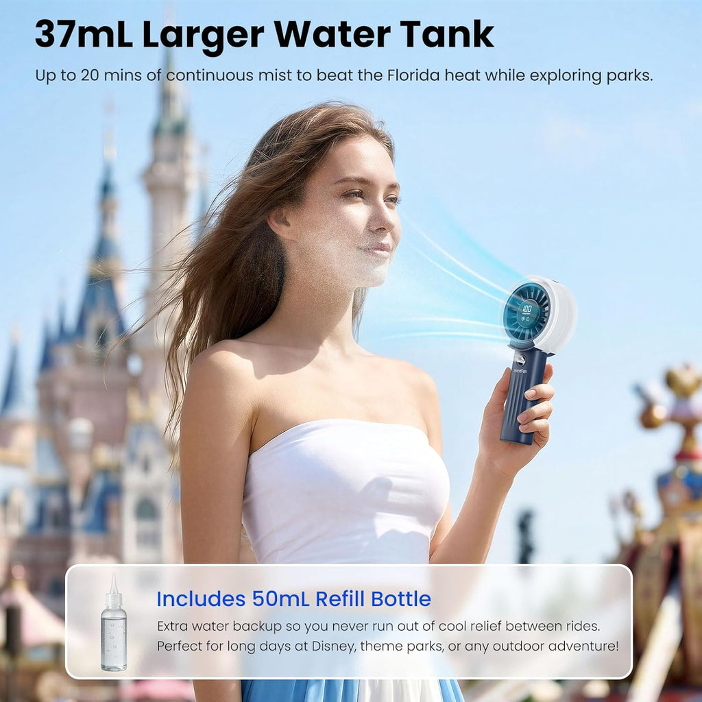 Portable Misting Fan – USB Rechargeable Handheld Cooling Fan with Water Mist Spray, LED Display, Powerful Quiet Airflow