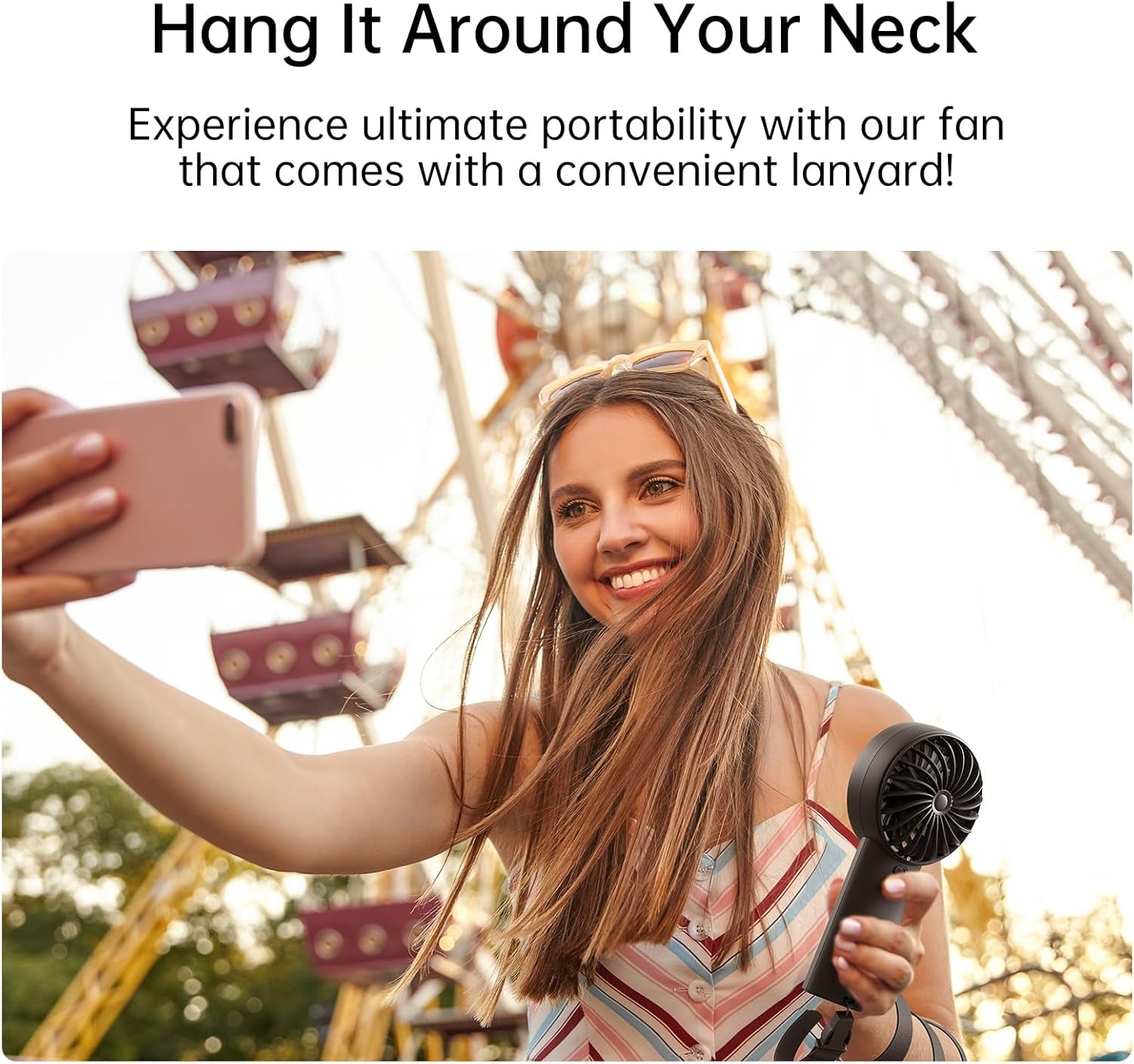 Portable Handheld Fan – USB Rechargeable Personal Fan with 3600mAh Battery, LED Display, 5 Speeds, Powerful Motor, Lanyard for Travel, Beach, Makeup and Outdoor Use