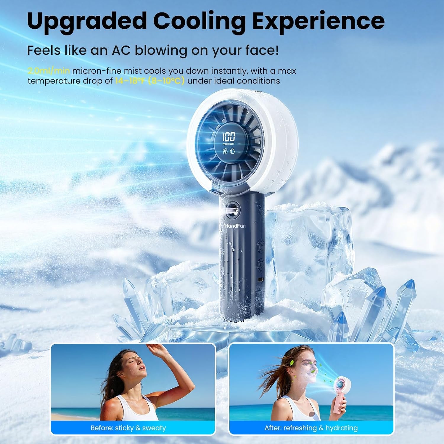 Portable Misting Fan – USB Rechargeable Handheld Cooling Fan with Water Mist Spray, LED Display, Powerful Quiet Airflow