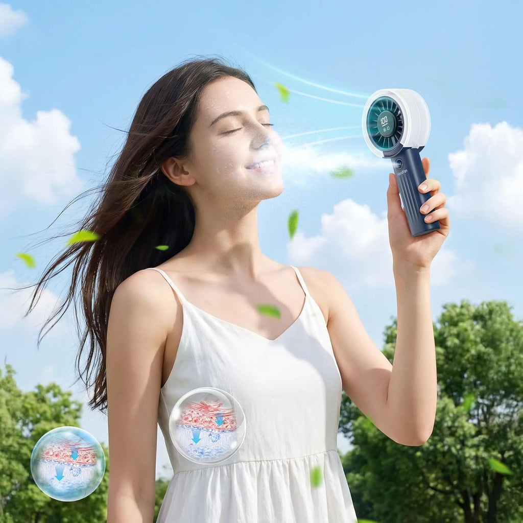 Portable Misting Fan – USB Rechargeable Handheld Cooling Fan with Water Mist Spray, LED Display, Powerful Quiet Airflow