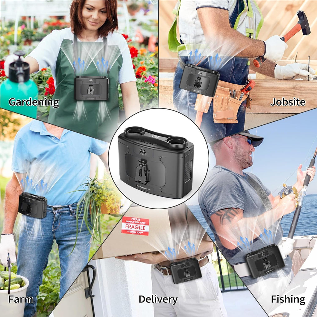 Portable 14500mAh-20000mAh Waist Fan, Dual Motor Clip-On Fan with 10 Speeds, 40H Runtime, Hands-Free Belt & Neck Design