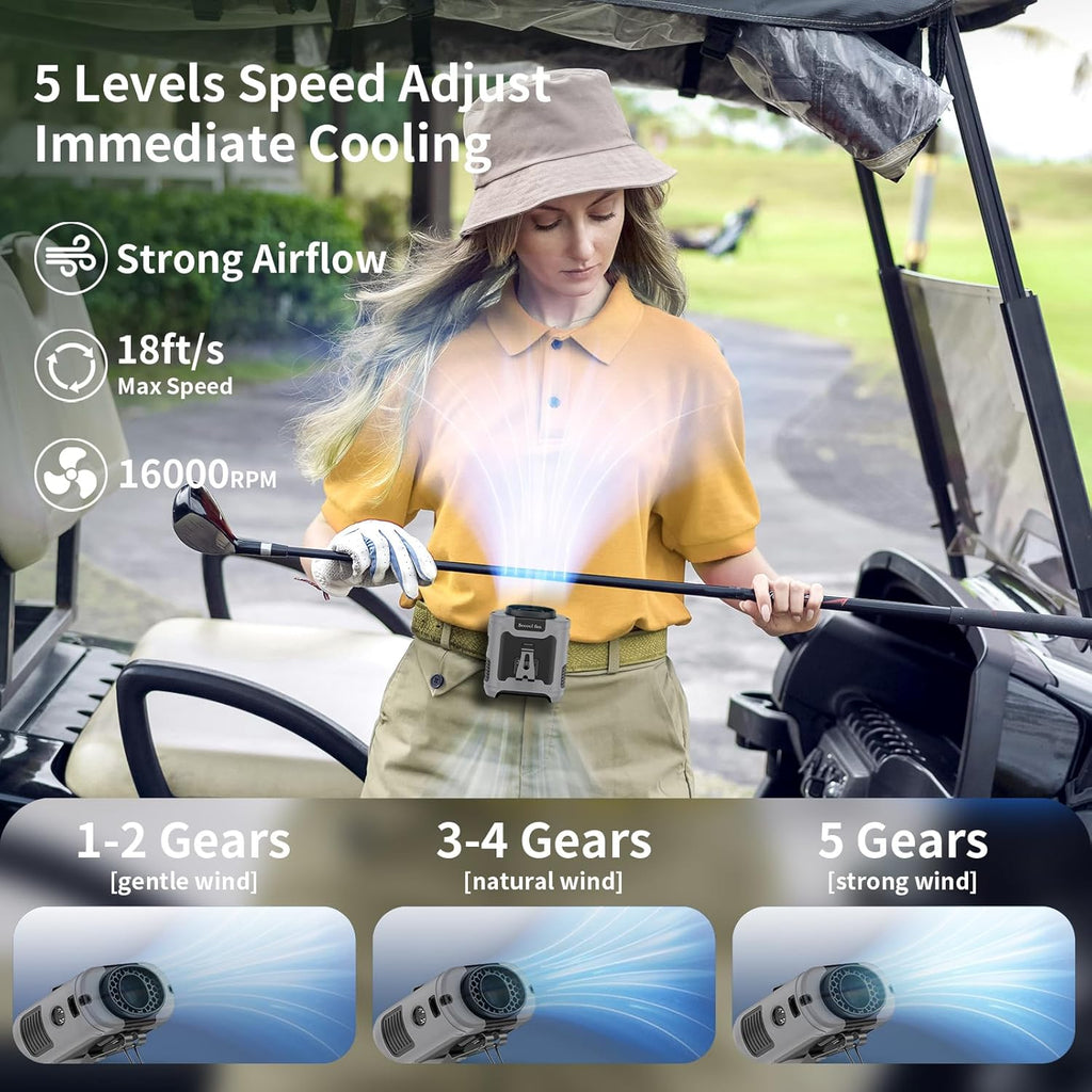 Portable Waist Fan – Rechargeable Wearable Clip-On Fan with 5 Speeds, Hands-Free Belt Fan, Built-In Flashlight, Up to 40 Hours Runtime for Camping, Travel, Work and Outdoor Activities
