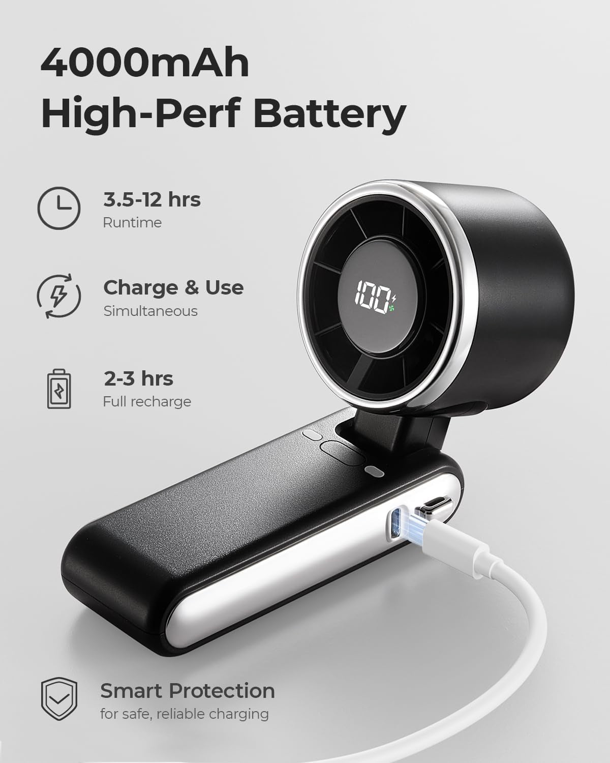 Portable Turbo Handheld Fan – 4000mAh Rechargeable Personal Fan with 5 Speed Settings