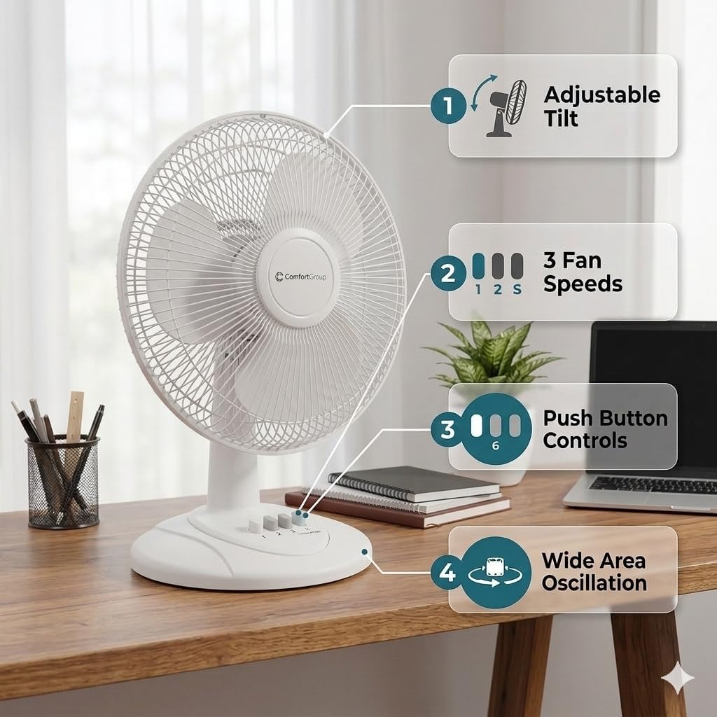 12-Inch Oscillating Table Fan – Quiet Air Circulator with 3 Speed Settings, Adjustable Tilt, Wide-Angle Oscillation