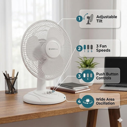 12-Inch Oscillating Table Fan – Quiet Air Circulator with 3 Speed Settings, Adjustable Tilt, Wide-Angle Oscillation