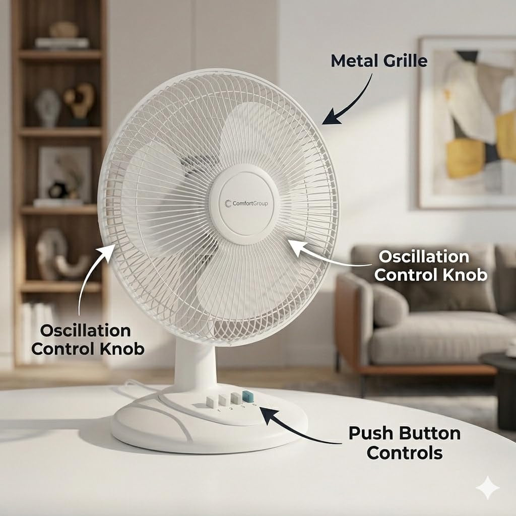 12-Inch Oscillating Table Fan – Quiet Air Circulator with 3 Speed Settings, Adjustable Tilt, Wide-Angle Oscillation