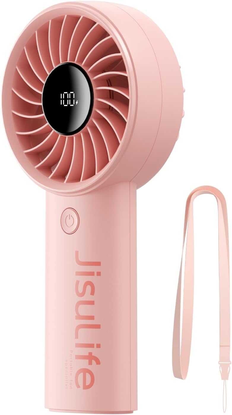 Portable Handheld Fan – USB Rechargeable Personal Fan with 3600mAh Battery, LED Display, 5 Speeds, Powerful Motor, Lanyard for Travel, Beach, Makeup and Outdoor Use