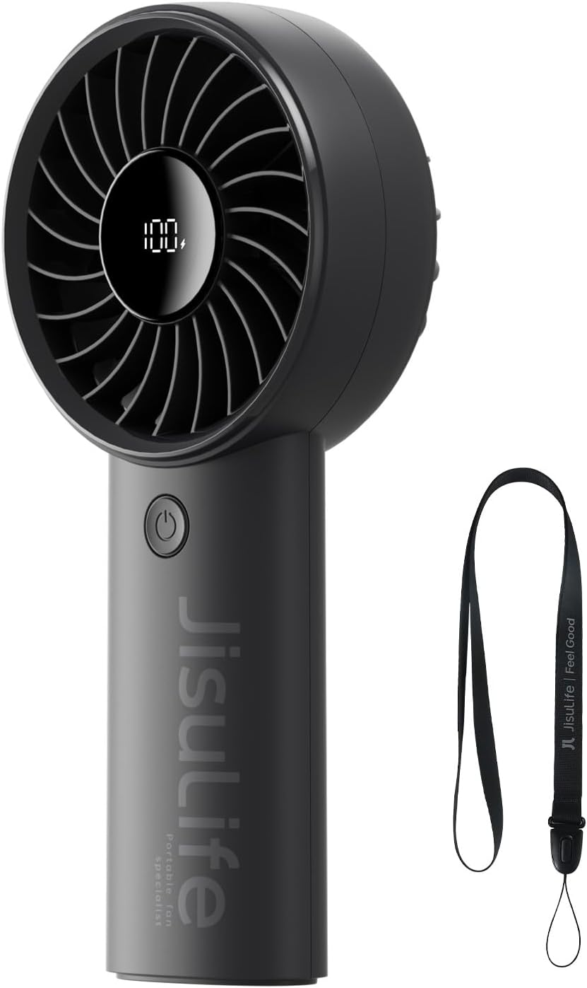 Portable Handheld Fan – USB Rechargeable Personal Fan with 3600mAh Battery, LED Display, 5 Speeds, Powerful Motor, Lanyard for Travel, Beach, Makeup and Outdoor Use