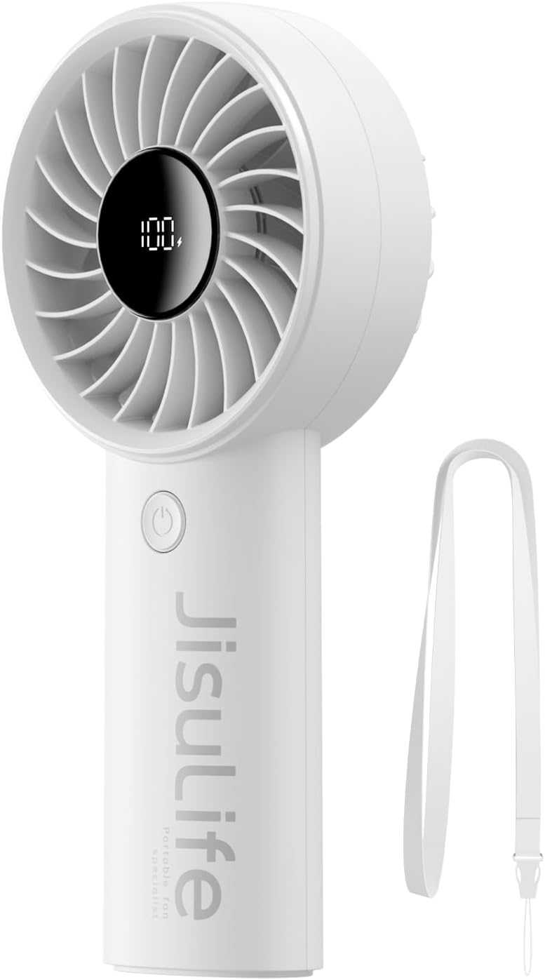 Portable Handheld Fan – USB Rechargeable Personal Fan with 3600mAh Battery, LED Display, 5 Speeds, Powerful Motor, Lanyard for Travel, Beach, Makeup and Outdoor Use