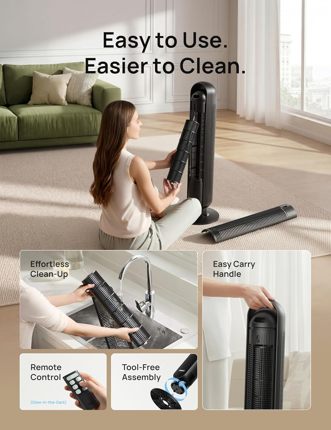 Bladeless Tower Fan for Bedroom – Quiet Oscillating Floor Fan with Remote Control, 8 Speed Settings, 4 Modes