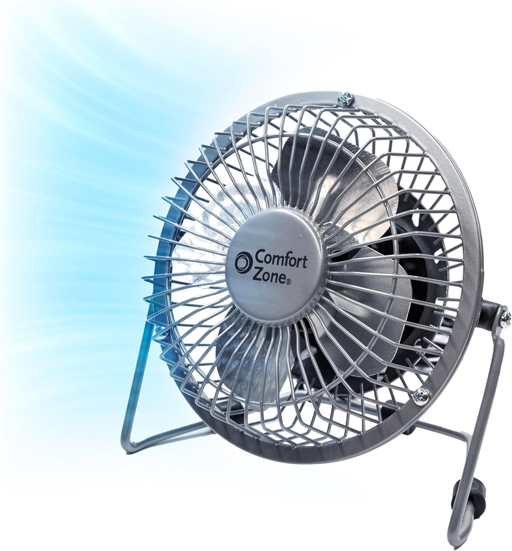 4-Inch All-Metal Mini Desk Fan – High Velocity USB Portable Table Fan with 120V Wall Adapter, 360° Adjustable Tilt