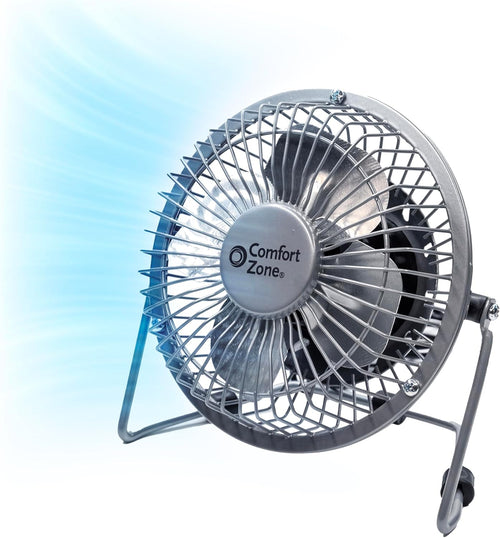 4-Inch All-Metal Mini Desk Fan – High Velocity USB Portable Table Fan with 120V Wall Adapter, 360° Adjustable Tilt