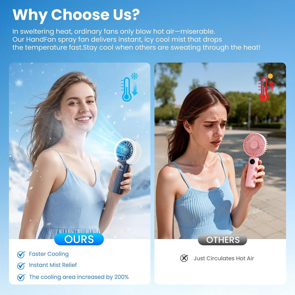Portable Misting Fan – USB Rechargeable Handheld Cooling Fan with Water Mist Spray, LED Display, Powerful Quiet Airflow