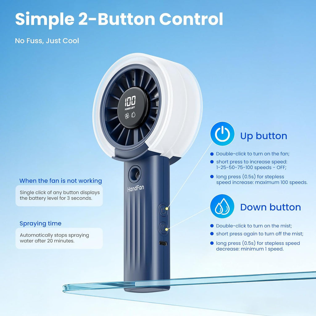 Portable Misting Fan – USB Rechargeable Handheld Cooling Fan with Water Mist Spray, LED Display, Powerful Quiet Airflow