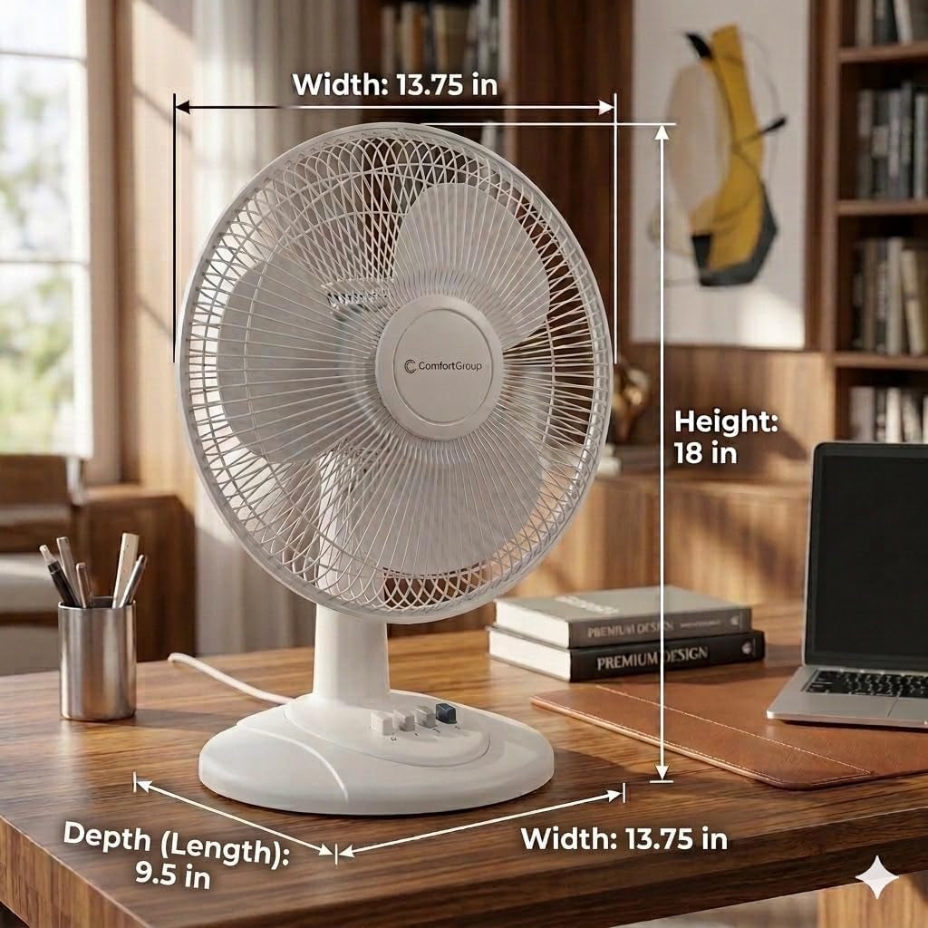 12-Inch Oscillating Table Fan – Quiet Air Circulator with 3 Speed Settings, Adjustable Tilt, Wide-Angle Oscillation