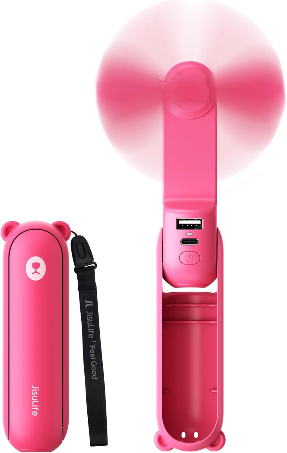 Handheld 3-in-1 Mini Fan – USB Rechargeable Portable Fan with Power Bank & Flashlight (Pink)