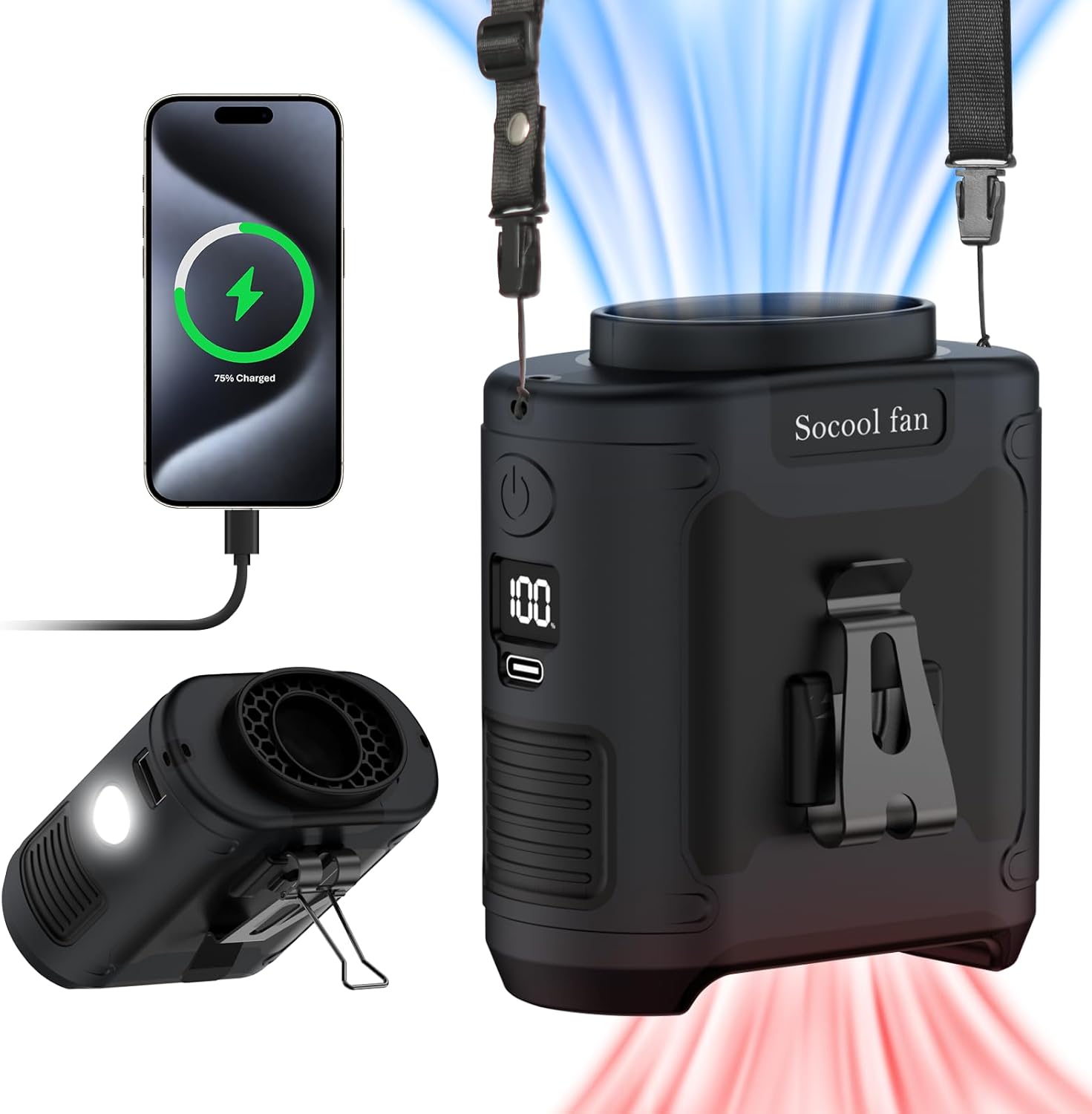 Portable Waist Fan – Rechargeable Wearable Clip-On Fan with 5 Speeds, Hands-Free Belt Fan, Built-In Flashlight, Up to 40 Hours Runtime for Camping, Travel, Work and Outdoor Activities