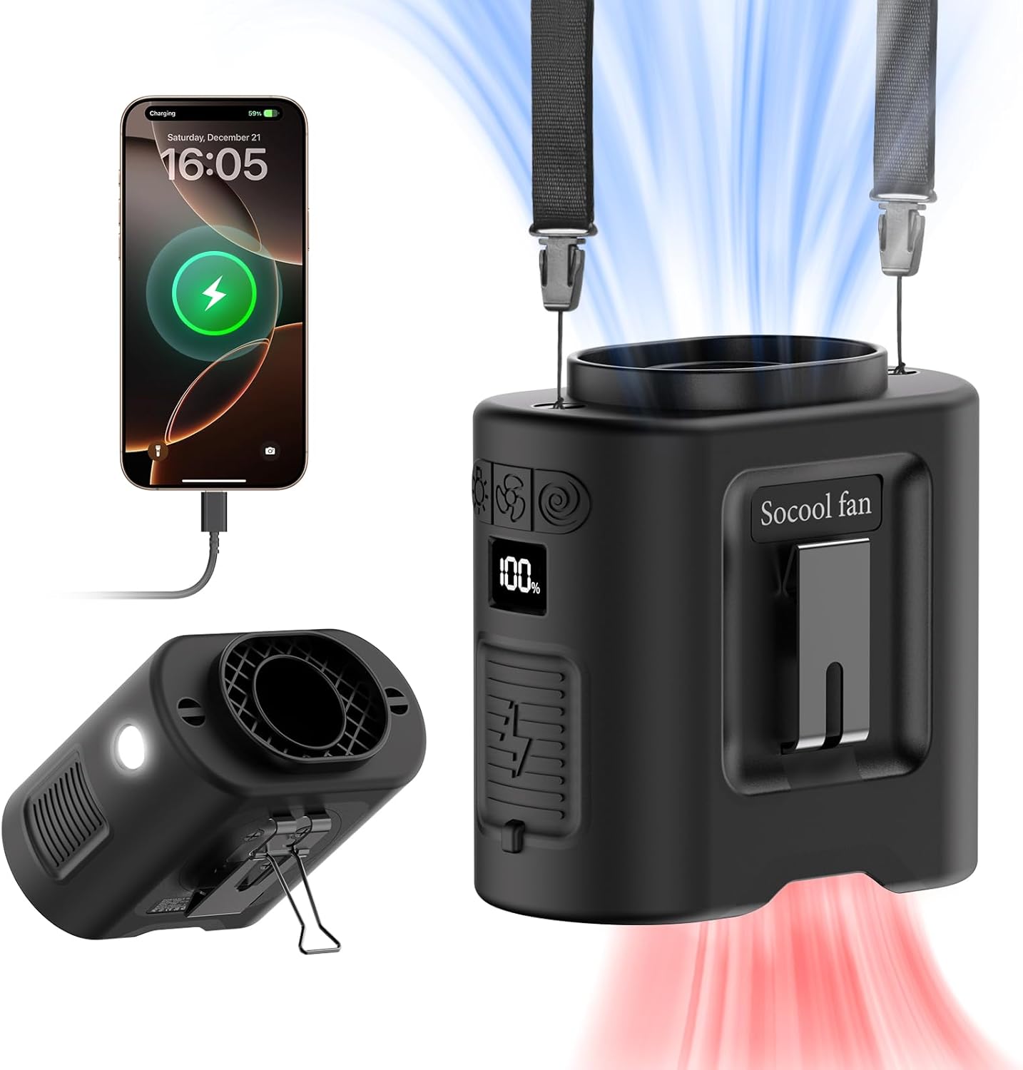 Portable Waist Fan – Rechargeable Wearable Clip-On Fan with 5 Speeds, Hands-Free Belt Fan, Built-In Flashlight, Up to 40 Hours Runtime for Camping, Travel, Work and Outdoor Activities