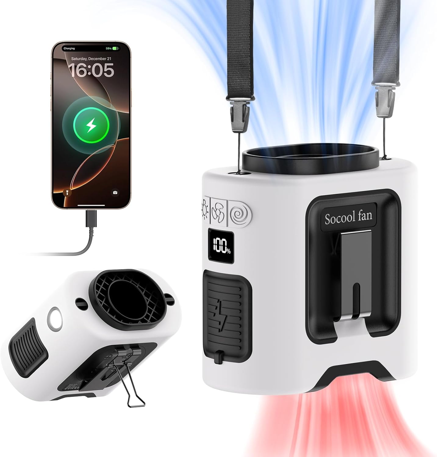Portable Waist Fan – Rechargeable Wearable Clip-On Fan with 5 Speeds, Hands-Free Belt Fan, Built-In Flashlight, Up to 40 Hours Runtime for Camping, Travel, Work and Outdoor Activities