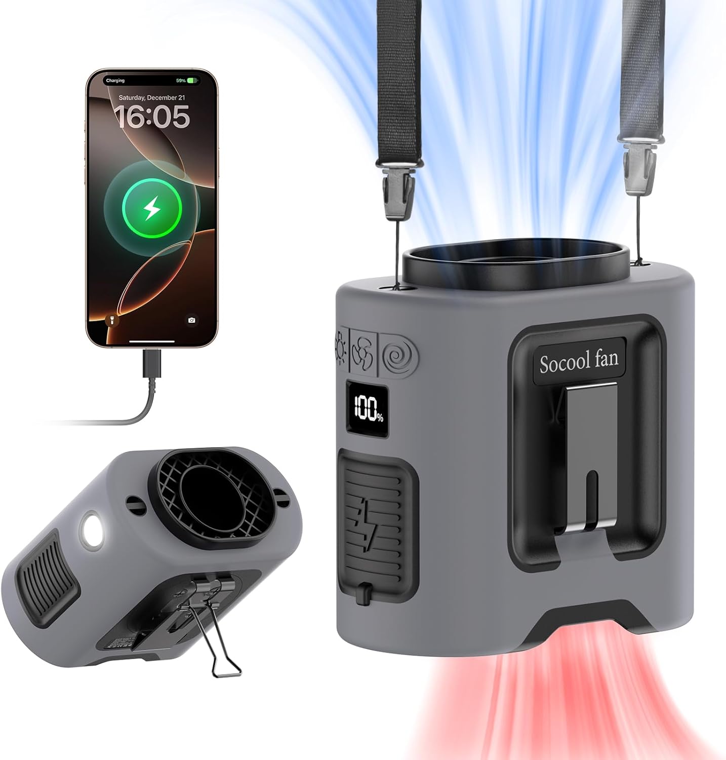 Portable Waist Fan – Rechargeable Wearable Clip-On Fan with 5 Speeds, Hands-Free Belt Fan, Built-In Flashlight, Up to 40 Hours Runtime for Camping, Travel, Work and Outdoor Activities