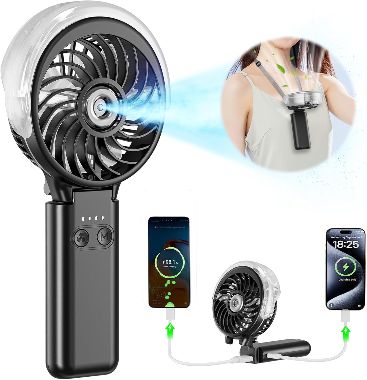 5200mAh Handheld Misting Fan – Portable Rechargeable Cooling Fan with Water Mist Spray