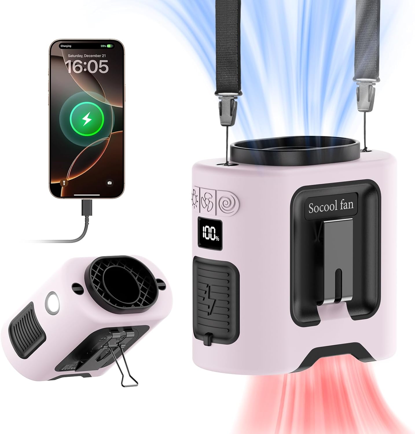 Portable Waist Fan – Rechargeable Wearable Clip-On Fan with 5 Speeds, Hands-Free Belt Fan, Built-In Flashlight, Up to 40 Hours Runtime for Camping, Travel, Work and Outdoor Activities