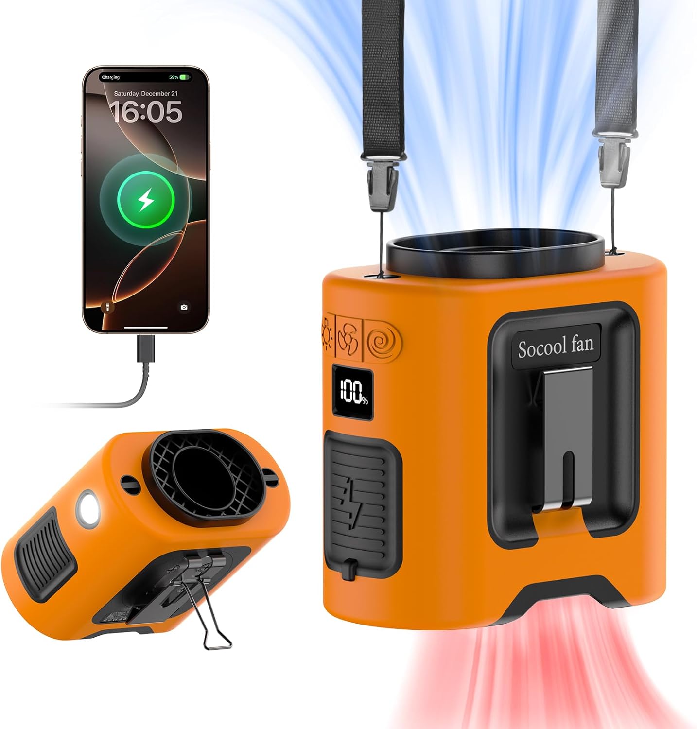 Portable Waist Fan – Rechargeable Wearable Clip-On Fan with 5 Speeds, Hands-Free Belt Fan, Built-In Flashlight, Up to 40 Hours Runtime for Camping, Travel, Work and Outdoor Activities