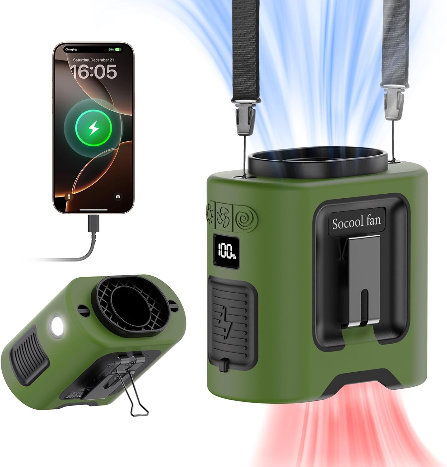 Portable Waist Fan – Rechargeable Wearable Clip-On Fan with 5 Speeds, Hands-Free Belt Fan, Built-In Flashlight, Up to 40 Hours Runtime for Camping, Travel, Work and Outdoor Activities