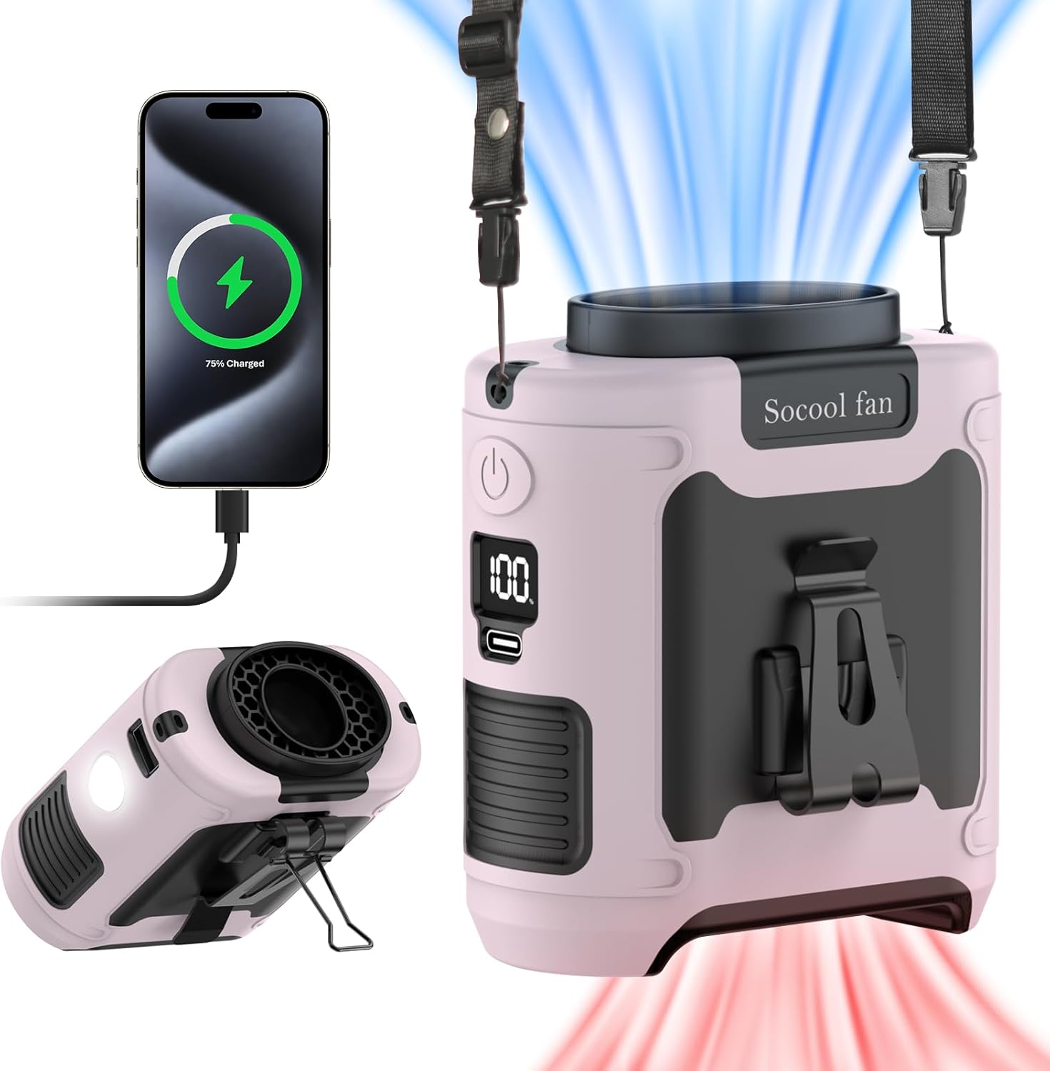 Portable Waist Fan – Rechargeable Wearable Clip-On Fan with 5 Speeds, Hands-Free Belt Fan, Built-In Flashlight, Up to 40 Hours Runtime for Camping, Travel, Work and Outdoor Activities