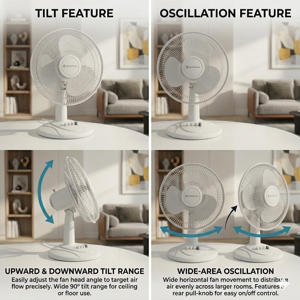 12-Inch Oscillating Table Fan – Quiet Air Circulator with 3 Speed Settings, Adjustable Tilt, Wide-Angle Oscillation