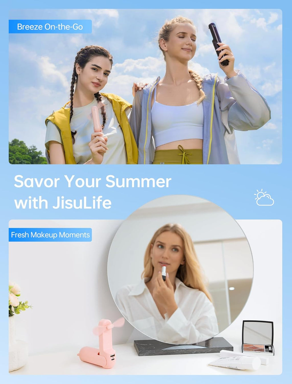Handheld 3-in-1 Mini Fan – USB Rechargeable Portable Fan with Power Bank & Flashlight (Pink)