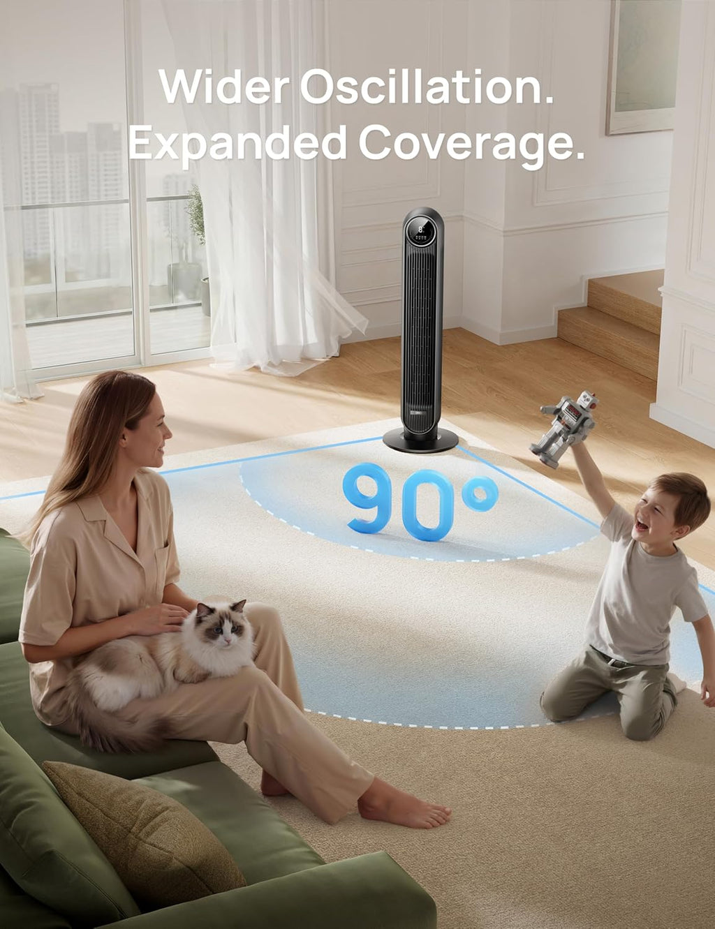 Bladeless Tower Fan for Bedroom – Quiet Oscillating Floor Fan with Remote Control, 8 Speed Settings, 4 Modes