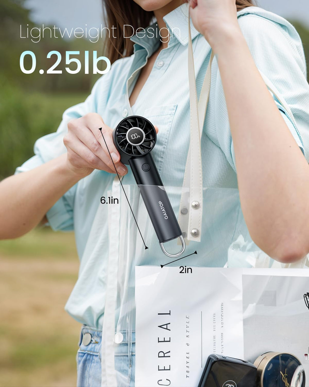 Portable Mini Fan, 3 Speeds, Rechargeable, Power Display & Flashlight – Lightweight Handheld Fan