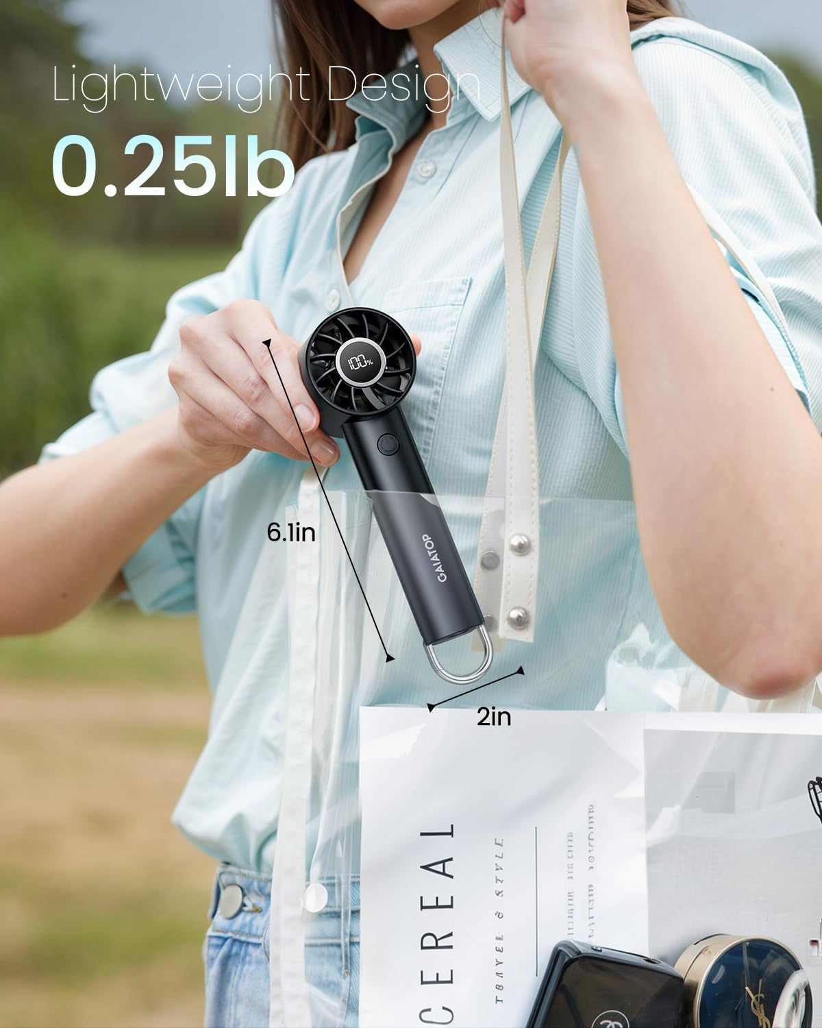 Portable Mini Fan, 3 Speeds, Rechargeable, Power Display & Flashlight – Lightweight Handheld Fan