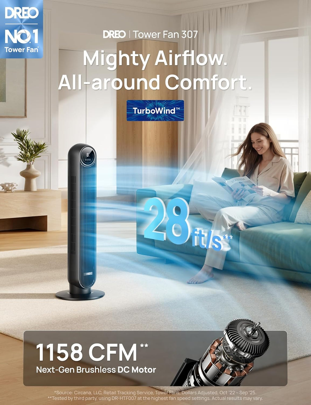Bladeless Tower Fan for Bedroom – Quiet Oscillating Floor Fan with Remote Control, 8 Speed Settings, 4 Modes