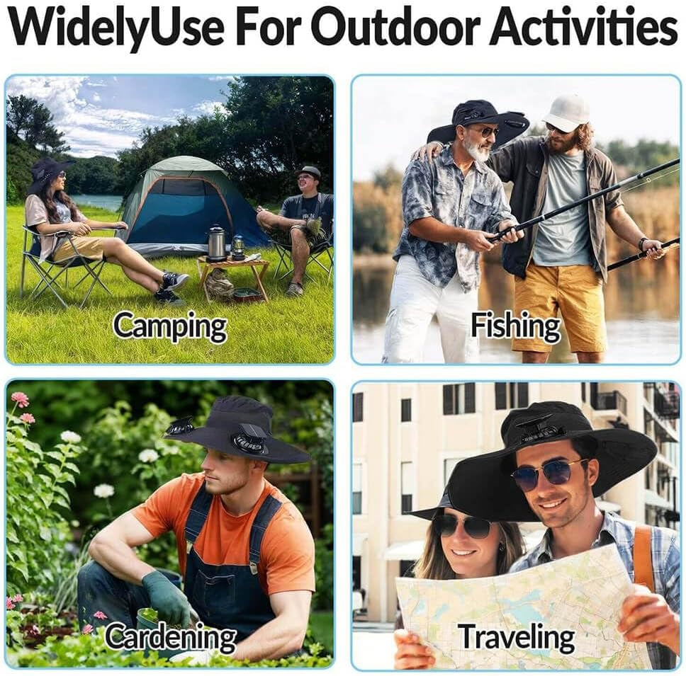 Solar Powered Fan Hat – Wide Brim Sun Hat with Dual Cooling Fans, UPF 50+ UV Protection for Men and Women, Outdoor Hat for Fishing, Beach, Gardening and Hiking