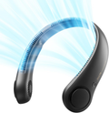 Black neck fan with blue cooling effect on a white background