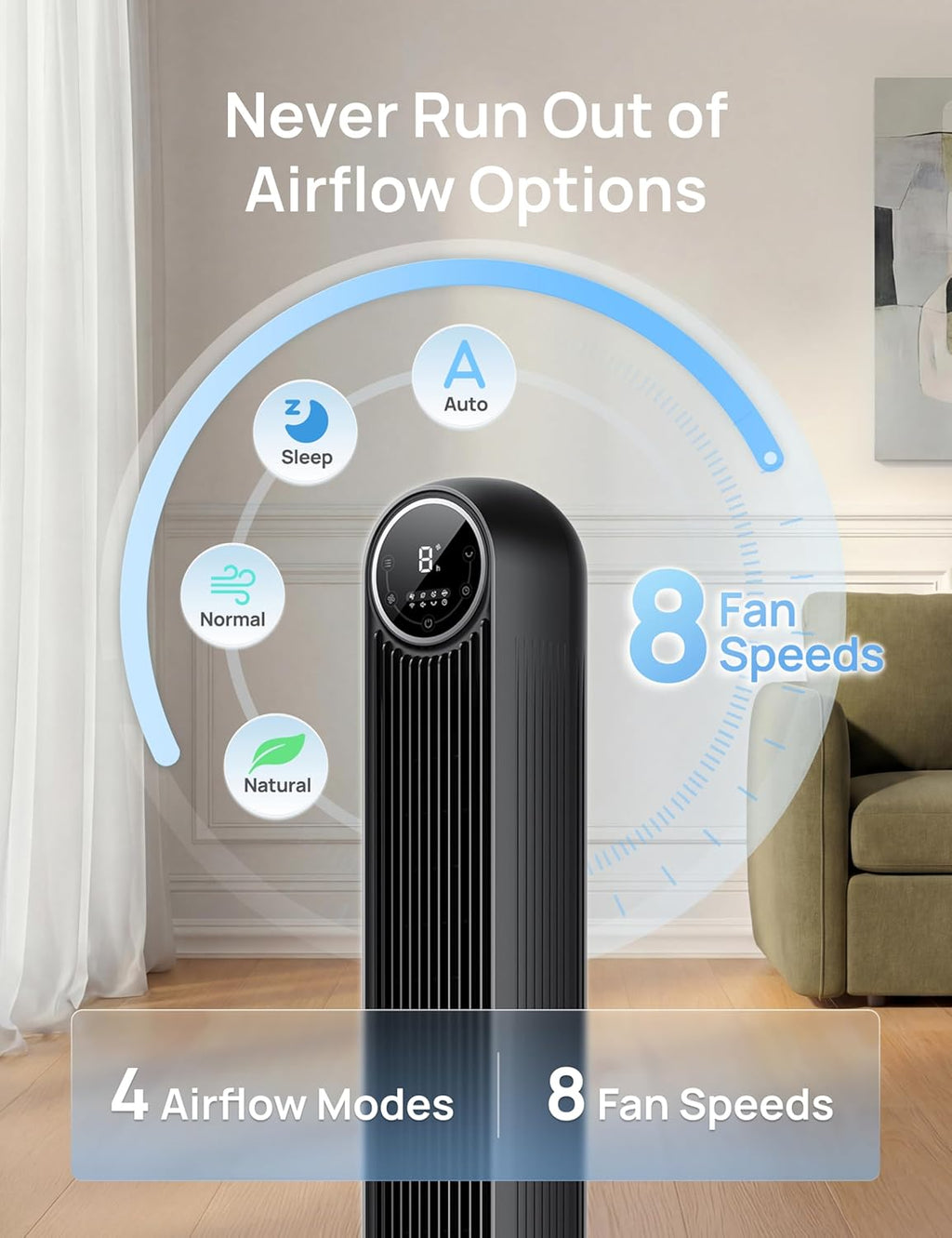 Bladeless Tower Fan for Bedroom – Quiet Oscillating Floor Fan with Remote Control, 8 Speed Settings, 4 Modes