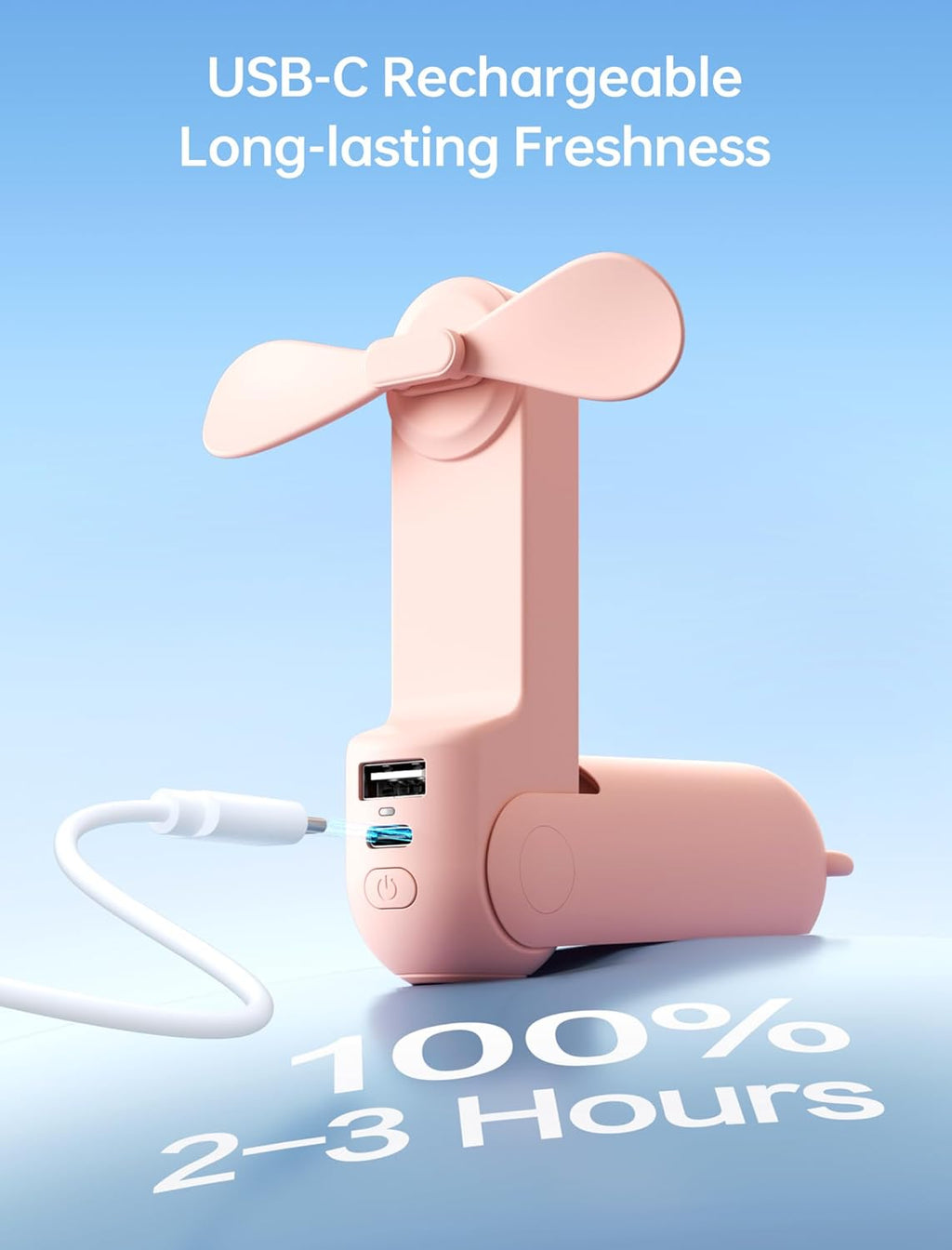Handheld 3-in-1 Mini Fan – USB Rechargeable Portable Fan with Power Bank & Flashlight (Pink)