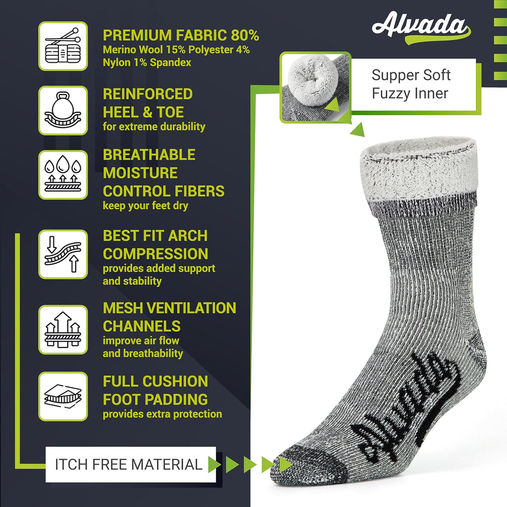 3-Pack Merino Wool Crew Socks for Men – Thermal Warm Hiking and Work Socks