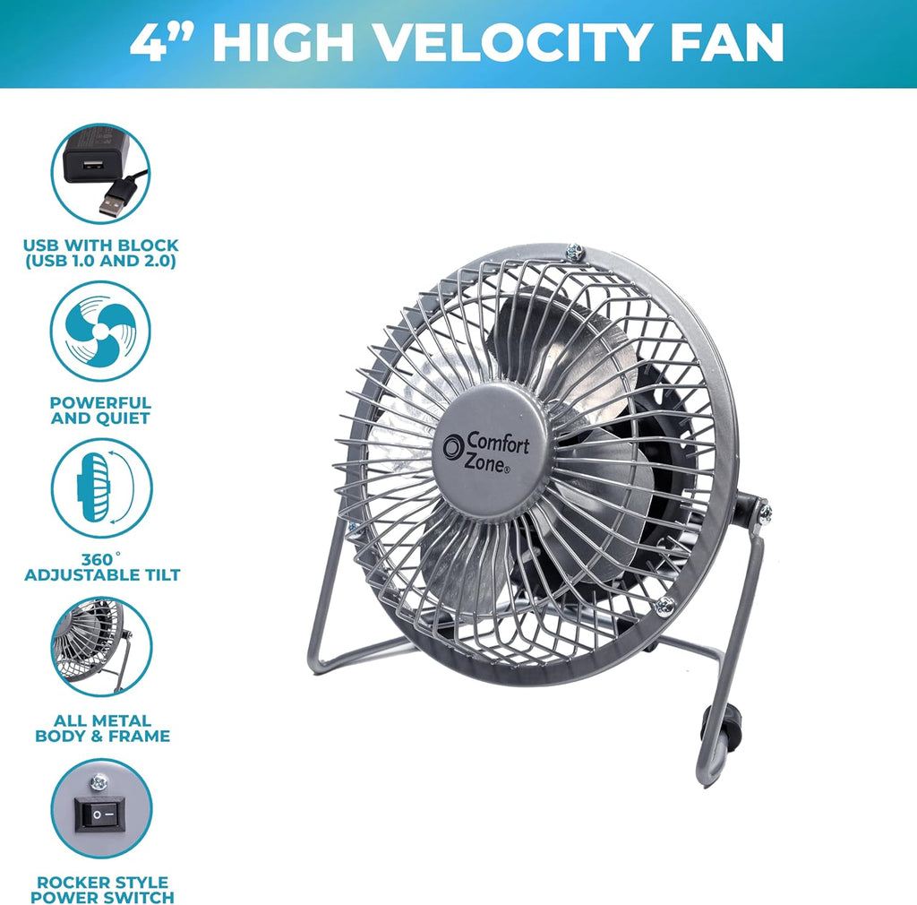 4-Inch All-Metal Mini Desk Fan – High Velocity USB Portable Table Fan with 120V Wall Adapter, 360° Adjustable Tilt
