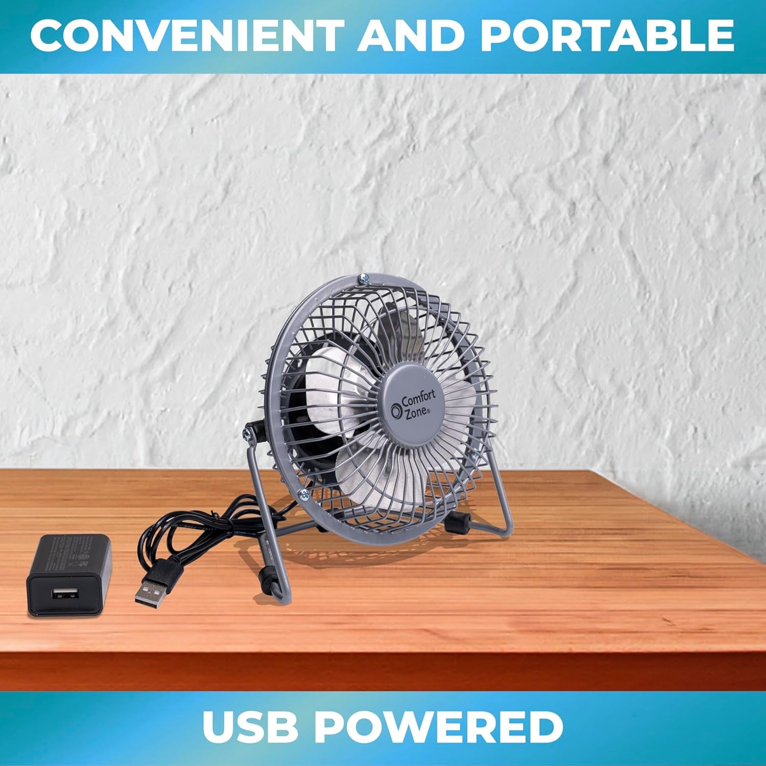4-Inch All-Metal Mini Desk Fan – High Velocity USB Portable Table Fan with 120V Wall Adapter, 360° Adjustable Tilt