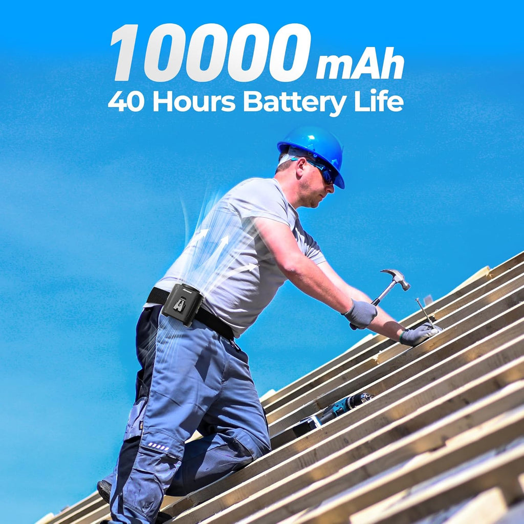 Portable Waist Fan Clip On, MAX 40H Work Time, 10000Mah Rechargeable Wearable Shirt Fan with Light, 16000RPM Powerful 5 Speeds Belt Fans Personal Cooling Fans for Outdoor Jobsite Travel