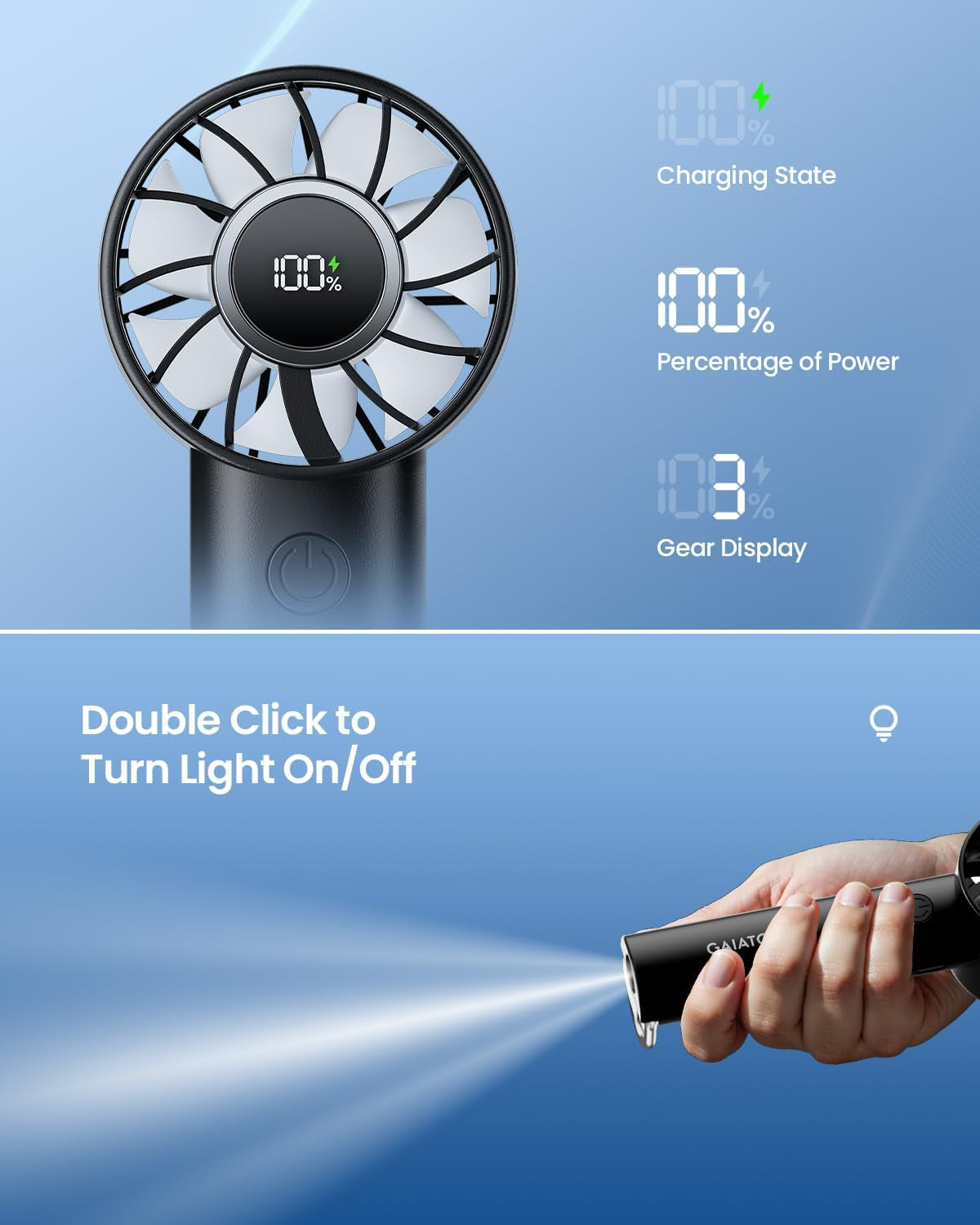 Portable Mini Fan, 3 Speeds, Rechargeable, Power Display & Flashlight – Lightweight Handheld Fan