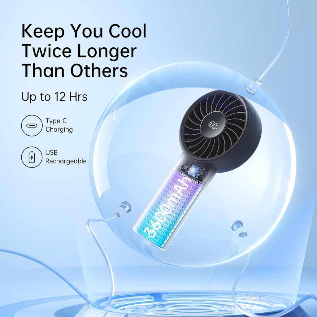 Portable Handheld Fan – USB Rechargeable Personal Fan with 3600mAh Battery, LED Display, 5 Speeds, Powerful Motor, Lanyard for Travel, Beach, Makeup and Outdoor Use