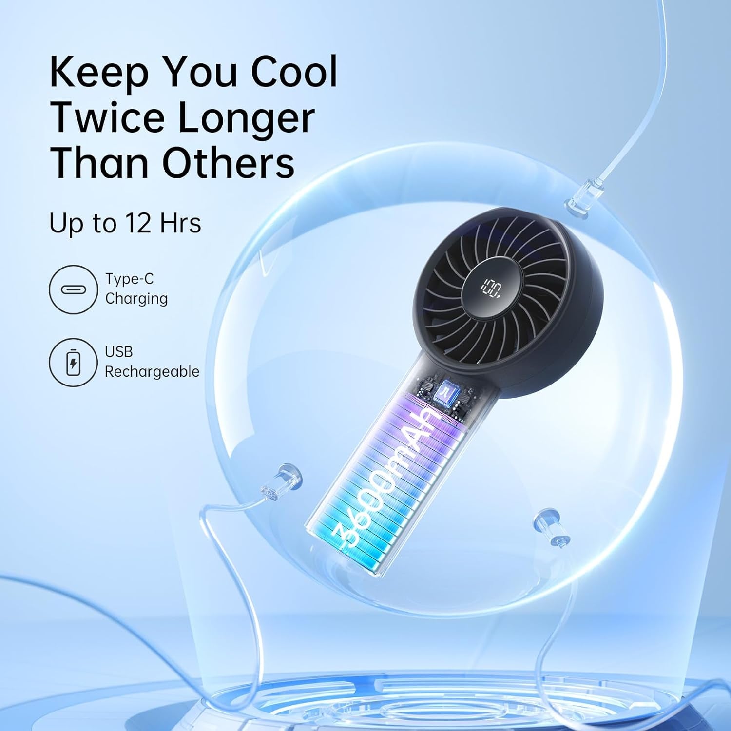 Portable Handheld Fan – USB Rechargeable Personal Fan with 3600mAh Battery, LED Display, 5 Speeds, Powerful Motor, Lanyard for Travel, Beach, Makeup and Outdoor Use