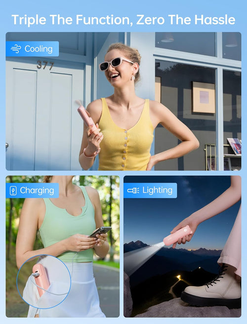 Handheld 3-in-1 Mini Fan – USB Rechargeable Portable Fan with Power Bank & Flashlight (Pink)