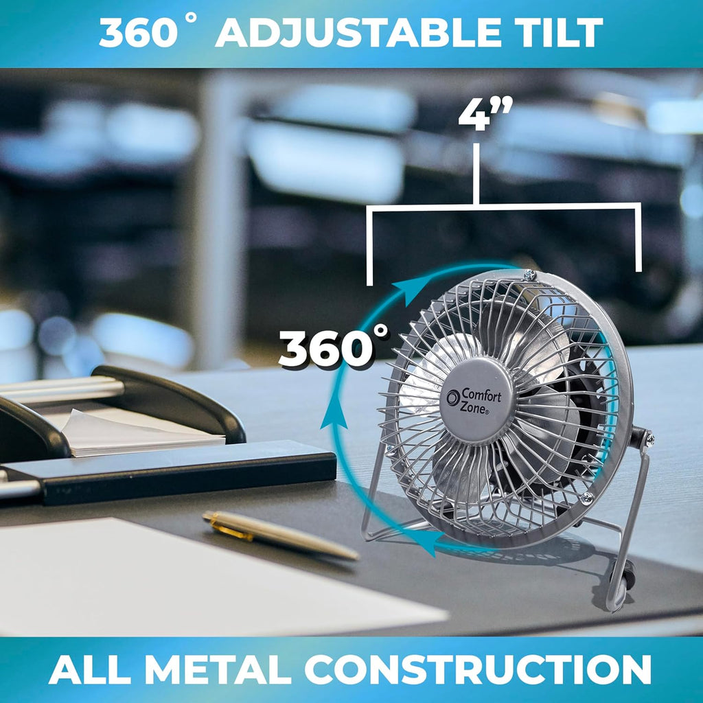 4-Inch All-Metal Mini Desk Fan – High Velocity USB Portable Table Fan with 120V Wall Adapter, 360° Adjustable Tilt